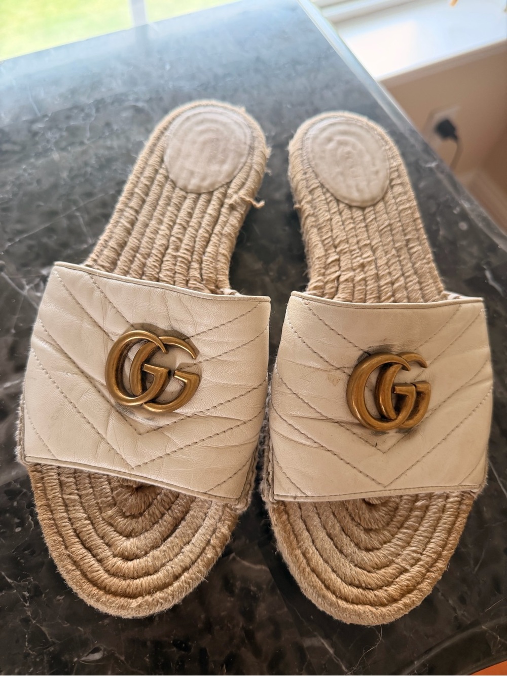 Gucci Cream Quilted Leather GG Espadrille Slide Sandals